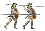 Greek Hoplites. The warriors are shown in two attack positions, with both an overhand and underhand thrust.
