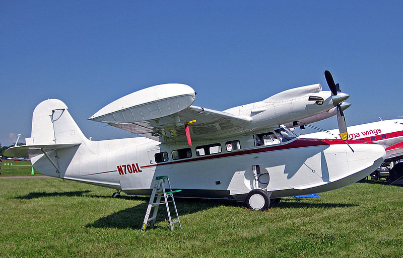 former Grumman Goose that was converted and re-certified as a new McKinnon G-21G Turbo Goose in 1970 with PT6A-27 turboprops, here displayed at Oshkosh Wisconsin