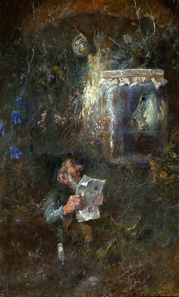 Gnome with newspaper and tobacco pipe under a toadstool, with a snail above him and a tree frog in the glass. Heinrich Schlitt (1849-1923) [public Domain]